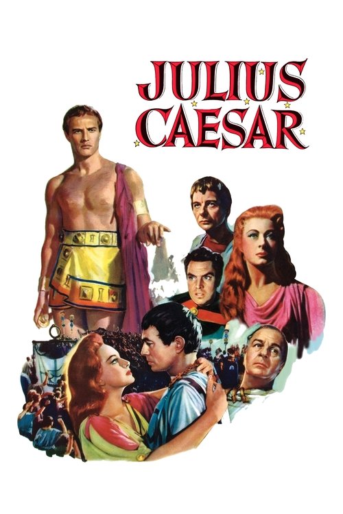 The poster features a dramatic scene with Julius Caesar in a golden toga, surrounded by his loyal followers. The warm colors of the toga and the vibrant reds of the title create a sense of historical drama and intrigue.
