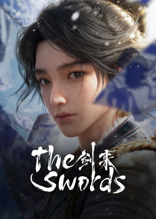 The poster features a young man with dark hair and a determined expression, set against a mystical blue background. The title "The Sword of Coming" is elegantly written in white, with a subtle shadow effect. The overall mood is mysterious and adventurous, hinting at a fantasy adventure story.