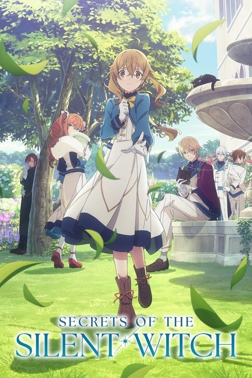The poster features a vibrant, sunlit scene with a central girl in a blue dress surrounded by lush greenery and other characters in period attire. The warm colors evoke a magical atmosphere, while the title "Secrets of the Silent Witch" anchors the composition.