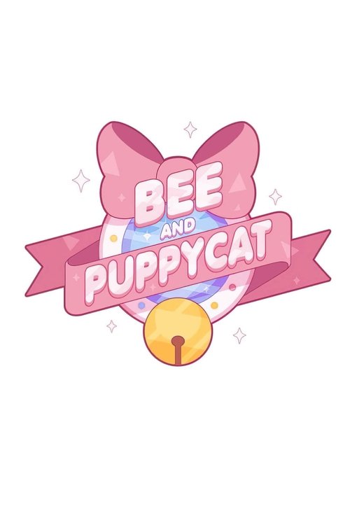 This playful TV show poster features a cute pink bow with "BEE and PUPPYCAT" written in bold white letters. The design includes a cheerful yellow bell and sparkling stars, creating a whimsical and inviting atmosphere perfect for young audiences.