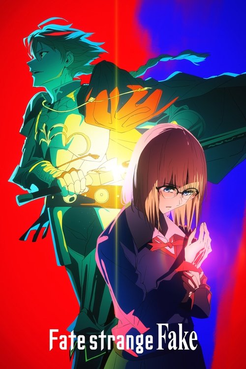 This poster features a dramatic anime-style scene with a green-clad figure on the left and a red-haired girl in the foreground, both bathed in vibrant red and blue hues. The mood is intense and mysterious, suggesting a fantasy setting with high stakes.