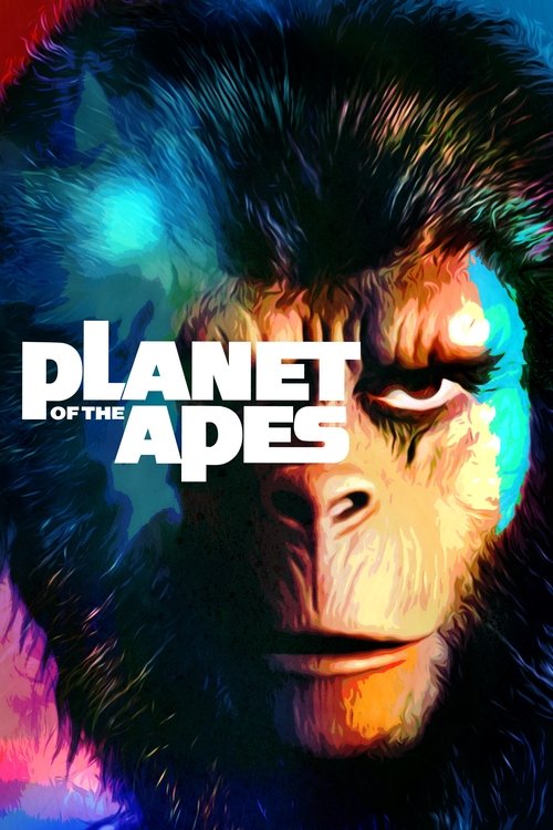 This movie poster features a dramatic, close-up portrait of an ape's face against a vibrant, multi-colored background. The bold, white text "Planet of the Apes" stands out prominently. The overall mood is intense and mysterious, with rich blues, purples, and oranges creating a visually striking a...