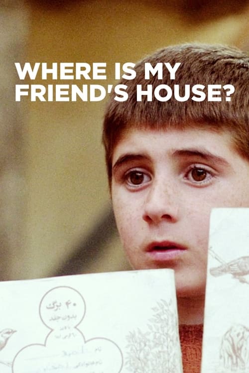 The poster features a young boy with a concerned expression, holding a card that reads "Where Is The Friend's House?" The warm, golden background evokes a nostalgic, slightly melancholic mood, while the boy's wide eyes convey uncertainty and longing.