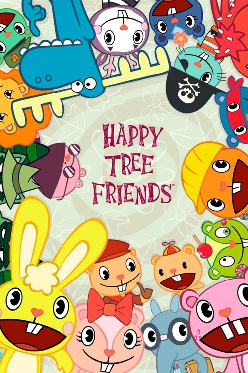 This vibrant poster features a lively scene of Happy Tree Friends characters interacting with colorful, expressive characters. The cheerful, cartoonish aesthetic with bright colors and playful expressions creates a joyful and inviting mood, capturing the essence of friendship and fun.