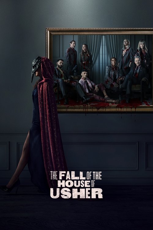 The poster features a dark, moody scene with a woman in a flowing red cape standing in the foreground, while a group of elegantly dressed men sits in a grand room. The muted colors and somber mood evoke a sense of mystery and tragedy, hinting at the supernatural horror that awaits viewers.