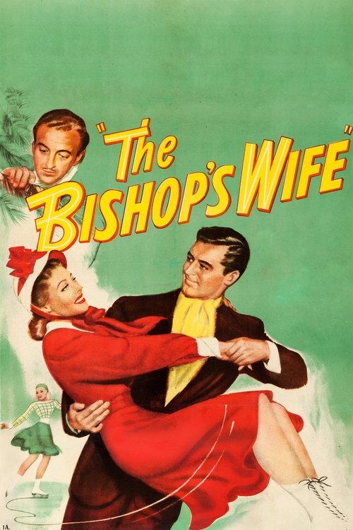 This vintage movie poster for "The Bishop's Wife" features a romantic scene with a man in a suit and a woman in a red dress, both smiling against a green background. The poster's bold, playful typography and warm colors evoke a nostalgic, cheerful mood, capturing the essence of mid-20th-century c...