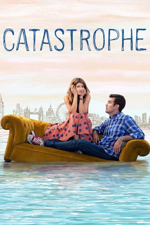 The poster features a couple lounging on a yellow couch on a floating island, with the title "Catastrophe" prominently displayed in bold letters. The warm sunset hues create a romantic yet slightly melancholic atmosphere, emphasizing the emotional depth of the story.