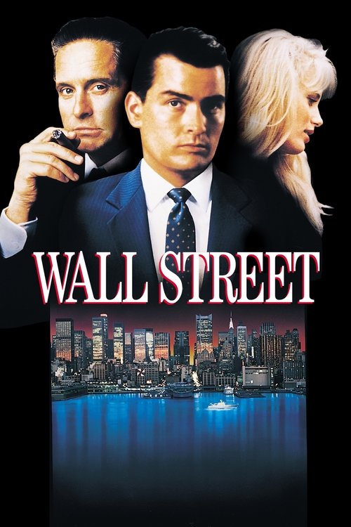 The poster features three men in suits against a dark background, with a city skyline and water below. The title "WALL STREET" is prominently displayed in bold red letters. The mood is serious and dramatic, reflecting the film's themes of finance and crime.