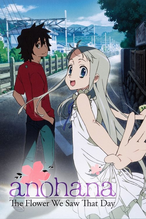 The poster features a romantic anime scene with a boy in a red shirt and a girl in a white dress, both gazing at each other with affection. The background showcases a serene landscape with mountains and a bridge, evoking a dreamy, nostalgic mood. The title "AnoHana" is prominently displayed in el...