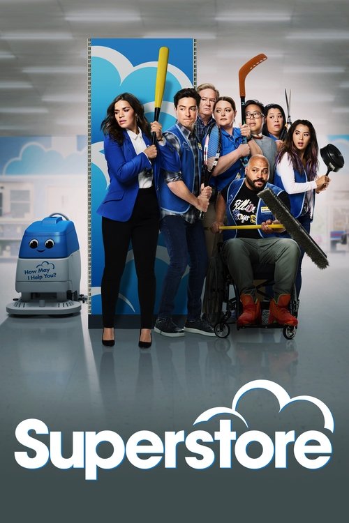 This TV show poster features a group of diverse characters in blue uniforms, holding props like a shopping cart and a toy airplane. The vibrant blue background with cloud motifs suggests a playful, family-oriented atmosphere. The bright colors and cheerful expressions convey a fun, energetic mood...