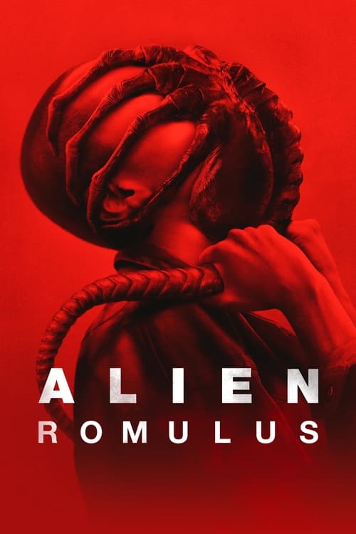 The poster features a haunting figure in a red cloak, symbolizing the horror of the alien invasion. The deep red background amplifies the ominous and unsettling mood, while the stark white text "ALIEN ROMULUS" stands out against the dark figure, emphasizing the title's significance.