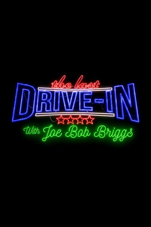 This vibrant neon poster features "The Last Drive-in" in bold blue letters, with "Joe Bob Briggs" in bright green below. The red starburst design adds a playful touch, evoking a nostalgic, retro feel. The dark background enhances the vivid colors, creating a striking visual that captures the esse...