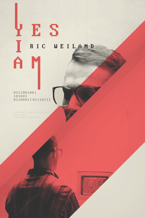 The poster features a striking red diagonal split, with a man in glasses and another in a plaid shirt viewed from behind. The title "Yes I Am" is bold and red, while the author's name appears in smaller white text. The mood is contemplative and artistic, suggesting a personal narrative about iden...