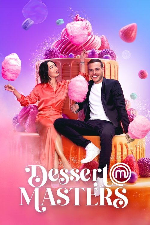 The poster features a man and woman in elegant attire, seated on a golden pedestal surrounded by towering, oversized ice cream cones. The vibrant pink and purple hues create a dreamy, sweet atmosphere, while floating candy hearts add whimsy to the scene. The title "Dessert Masters" is elegantly d...