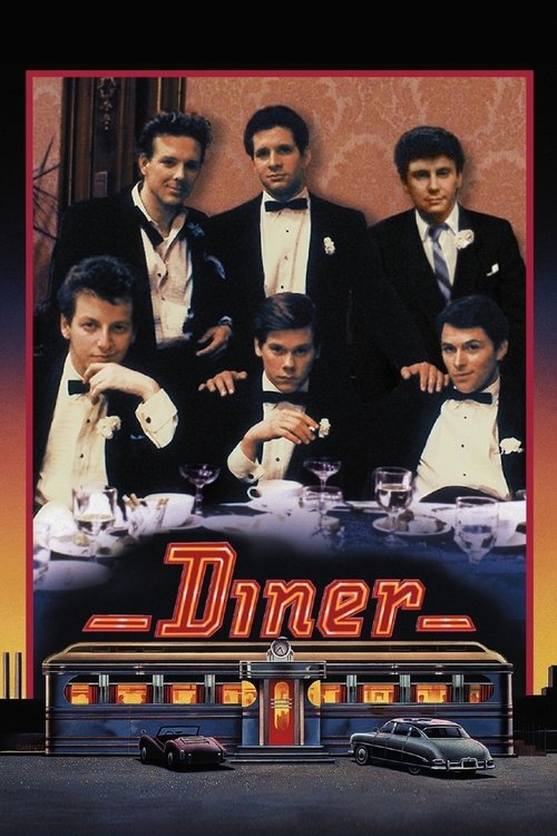The poster features a group of men in tuxedos posing confidently against a warm, golden backdrop. Below them, the title "Diner" glows in red and orange, evoking a classic diner atmosphere. The scene suggests a nostalgic, upscale dining experience with a lively, inviting mood.