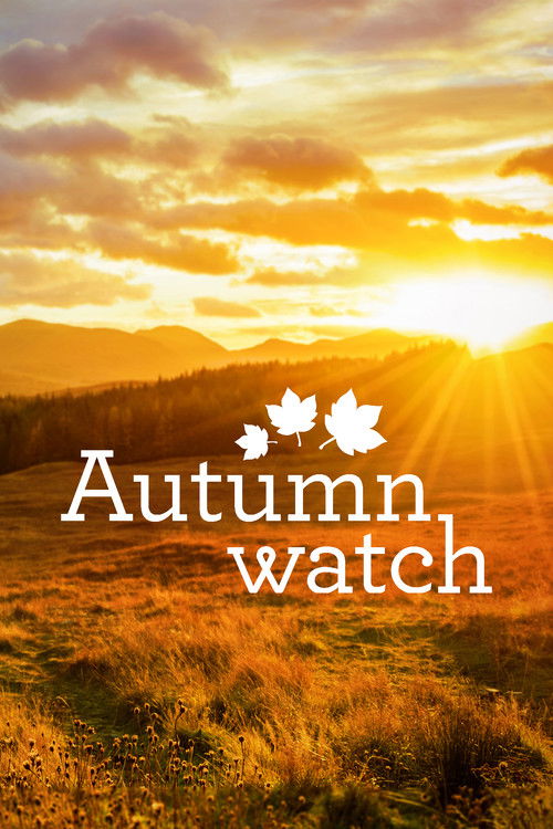 The poster features a serene autumn landscape with golden fields and distant mountains under a warm sunset sky. The title "Autumnwatch" is elegantly displayed in white text, accompanied by maple leaves, evoking a peaceful and nostalgic mood.