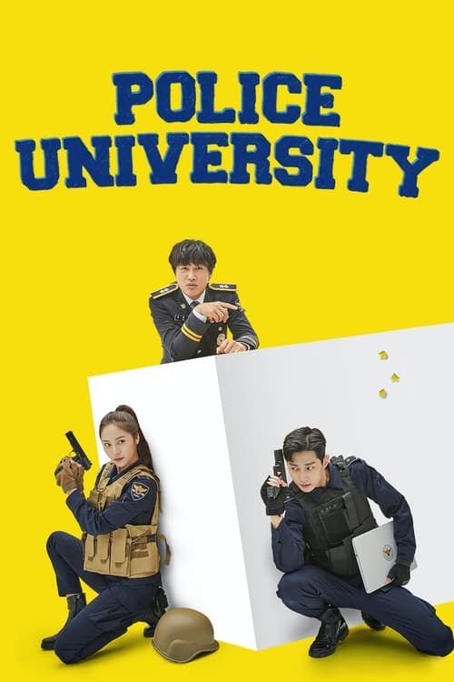 The poster features a vibrant yellow background with bold blue text reading "POLICE UNIVERSITY." Three individuals in tactical gear are posed dramatically against a white backdrop, holding guns and exuding an air of readiness and intrigue. The composition suggests a thrilling action-adventure sto...