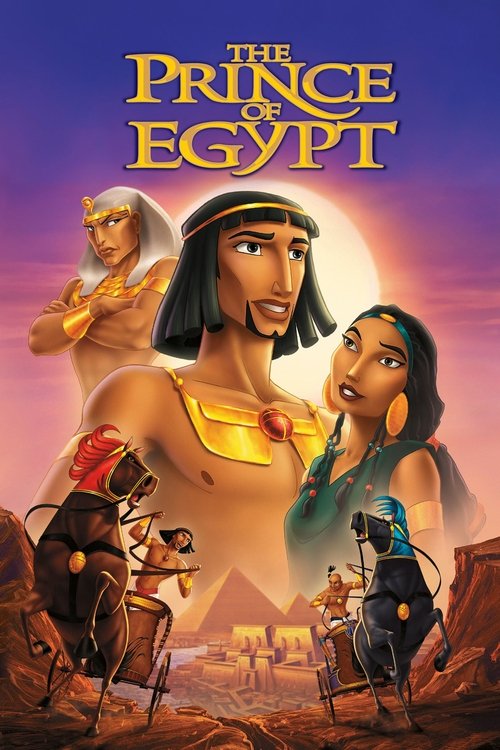 The Prince of Egypt poster features a vibrant Egyptian prince with a golden crown and regal attire, surrounded by other royalty and mythical creatures. The warm sunset hues create an enchanting, dreamlike atmosphere that captures the magic of ancient Egypt.
