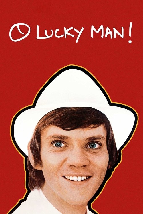 The poster features a cheerful man in a white hat against a vibrant red background, exuding a playful and energetic mood. The bold text "O Lucky Man!" adds a whimsical touch, suggesting a fun and lighthearted theme.