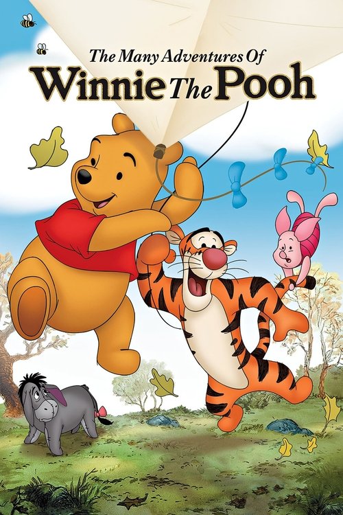 The poster features Winnie the Pooh, Tigger, and Rabbit in a joyful outdoor scene with a playful, sunny mood. The warm orange and yellow tones evoke a cheerful, nostalgic atmosphere.