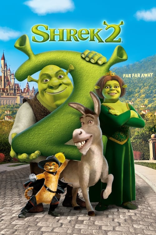 This vibrant poster features Shrek, Donkey, and Fiona in a cheerful scene. The bright green and blue colors evoke a lively and adventurous mood, while the playful expressions and dynamic poses capture the fun and excitement of the movie.
