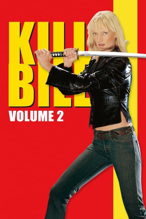 The poster features a striking blonde woman in a black leather jacket and ripped jeans, holding a sword with a determined expression against a bold red background. The large yellow text "KILL BILL" dominates the top, while "VOLUME 2" sits below in white. The dynamic pose and intense colors convey...