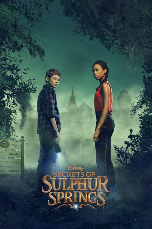 The poster features two young characters standing in a misty, enchanted forest. The dark green and purple hues create a mysterious and magical atmosphere. The title "Secrets of Sulphur Springs" is prominently displayed at the bottom, hinting at a story filled with hidden wonders and enchantment.