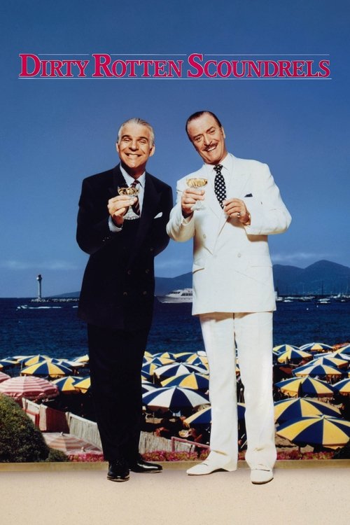 The poster features two men in formal attire against a vibrant beach backdrop. One man in a black suit holds a champagne flute, while the other in a white suit also holds a similar glass. The colorful beach umbrellas and clear blue sky evoke a festive, celebratory mood. The title, "Dirty Rotten S...
