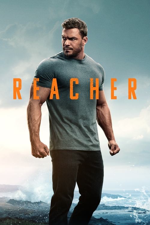 The poster features a muscular man in a gray t-shirt and dark pants, exuding strength against a dramatic ocean backdrop. The bold orange "REACHER" text dominates the center, while the sky transitions from blue to white clouds, evoking an adventurous and intense mood.