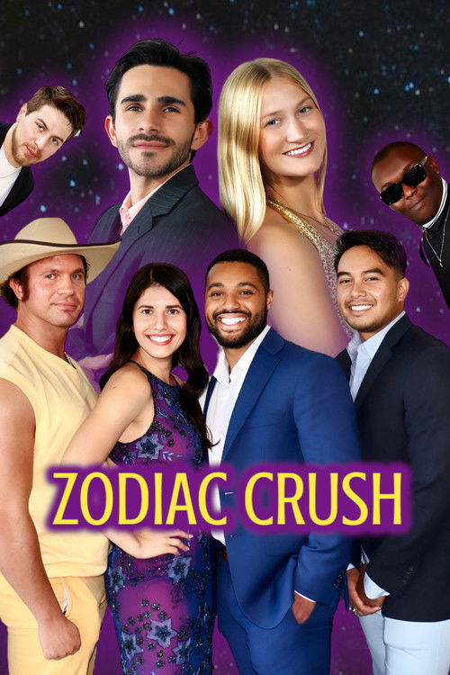 The poster features a group of seven characters in vibrant, contrasting outfits against a starry purple background. The mood is playful and romantic, with the title "Zodiac Crush" prominently displayed in bold pink letters.