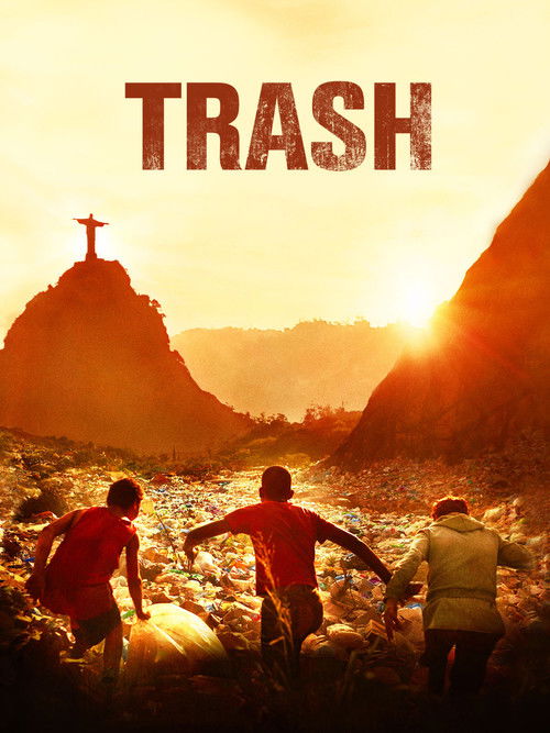 The poster features three men in red shirts standing on a rocky hill, looking toward a distant cross atop a mountain. The warm golden hues of the sunset create a dramatic and somber mood, evoking themes of environmental neglect and human indifference.