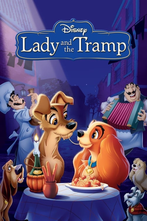 The poster features Lady and Tramp seated at a table with a candlelit dinner, surrounded by other characters in a whimsical nighttime setting. The warm tones of orange, red, and purple create a cozy atmosphere, while the Disney logo at the top emphasizes the classic charm of the beloved animated ...