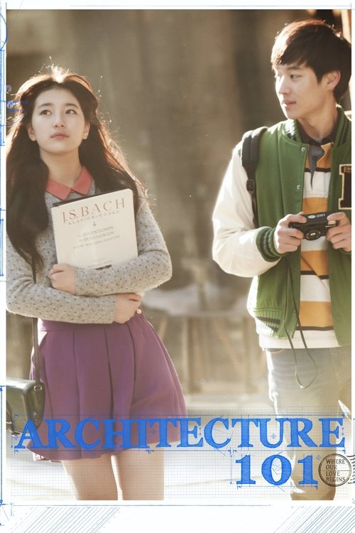 The poster features a young woman in a purple skirt and a man in a green vest, both holding documents. The warm sunlight creates a cozy atmosphere, while the blue text "ARCHITECTURE 101" stands out against the background.