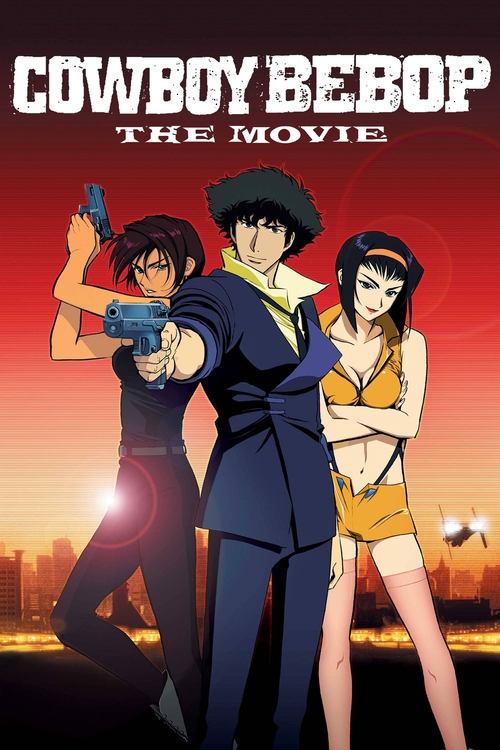 The poster features three animated characters in a dramatic sunset scene, with the title "Cowboy Bebop: The Movie" prominently displayed. The vibrant red and orange hues evoke a sense of adventure and nostalgia, while the characters' confident poses and expressive designs suggest an action-packed...