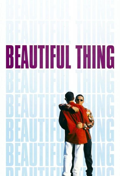 The poster features a couple in a romantic embrace, dressed in vibrant red and black, set against a backdrop of repeated "BEAUTIFUL" text in light blue. The overall mood is romantic and stylish, with the bold purple title and clean design emphasizing the film's theme of finding beauty in everyday...