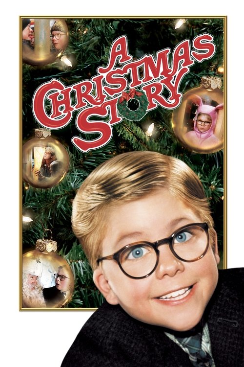 The poster features a young boy with glasses and a warm smile against a festive Christmas background. The title "A Christmas Story" is elegantly written in red, surrounded by circular holiday ornaments and twinkling lights. The overall mood is cheerful and nostalgic, capturing the essence of a cl...