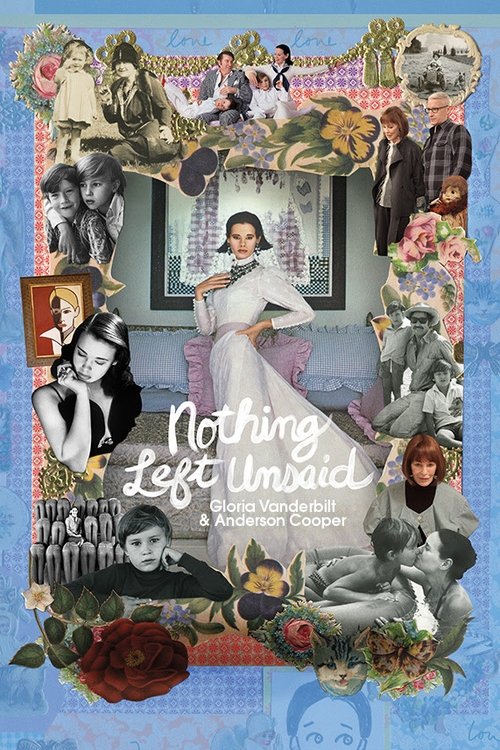 The poster features a collage of vintage figures in a dreamlike, nostalgic atmosphere. The muted palette of blues, pinks, and creams evokes a sense of timeless romance. The central image of Gloria Vanderbilt and Anderson Cooper suggests a poignant, perhaps melancholic narrative.