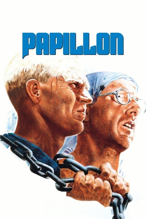 The poster features two men bound by heavy chains, their expressions conveying fear and desperation. The title "Papillon" is prominently displayed in bold blue letters against a stark white background. The overall mood is tense and dramatic, emphasizing the struggle and vulnerability of the chara...
