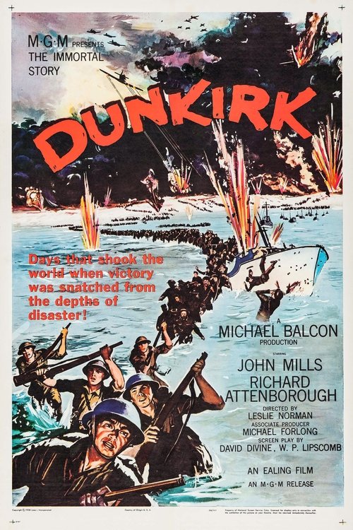 This dramatic poster captures the perilous atmosphere of "Dunkirk" with vivid imagery of soldiers in action, dramatic explosions, and a stormy sea backdrop. The bold red title contrasts sharply with the blue and white colors, conveying urgency and danger.