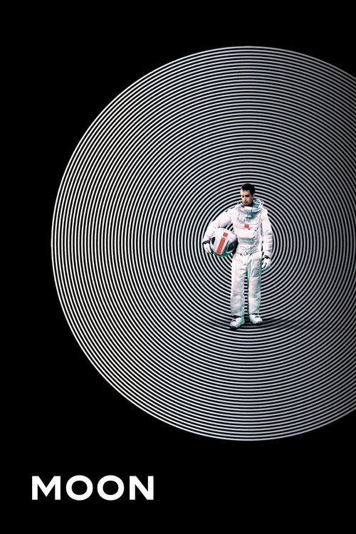 The poster features a lone astronaut in a white spacesuit standing against a circular, textured background. The monochromatic palette emphasizes the solitary figure, while the bold "MOON" text at the bottom hints at the film's cosmic themes.