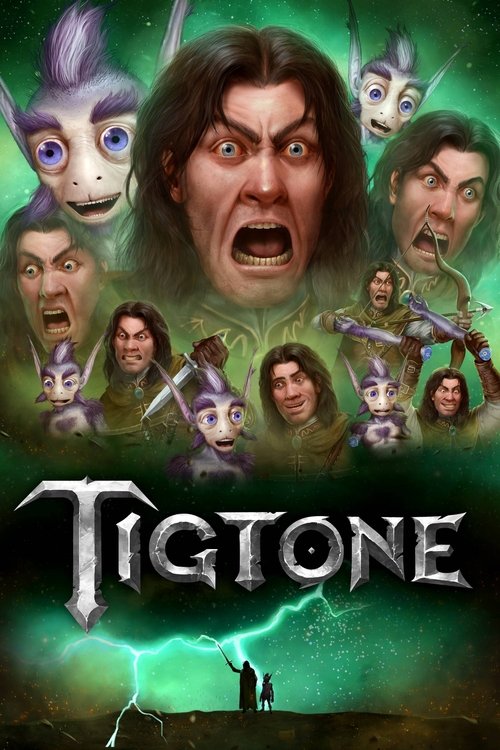 The poster features a central, intense face with an open mouth, surrounded by a group of animated characters in various expressions of fear or surprise. The background is filled with vibrant green hues, evoking a mystical or supernatural atmosphere. The title "Tigtone" is prominently displayed in...