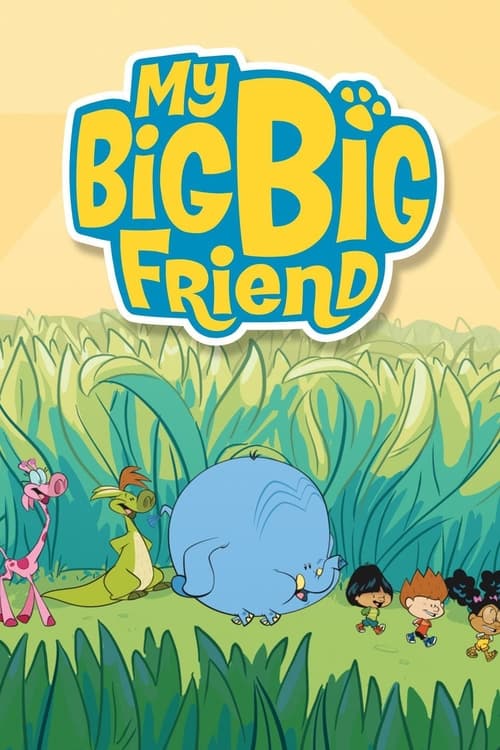 This vibrant poster features a cheerful scene with four children playing in a lush green field. The title "My Big Big Friend" is prominently displayed in playful, colorful letters. The overall mood is joyful and inviting, capturing the essence of childhood friendship and adventure.