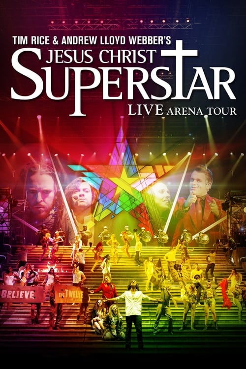This vibrant poster captures the energy of "Jesus Christ Superstar - Live Arena Tour," featuring a dynamic mix of performers in colorful costumes against a backdrop of dramatic stage lights. The lively atmosphere is conveyed through the starry background and energetic crowd imagery, creating an i...