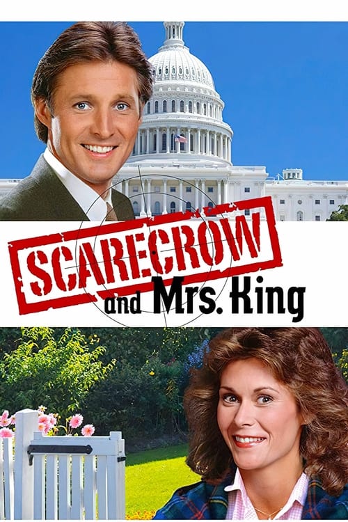 The poster features a man in a suit against the backdrop of the U.S. Capitol building, while a woman with curly hair appears in the foreground. The bold red stamp of "Scarecrow and Mrs. King" dominates the center, conveying a sense of intrigue and mystery. The overall composition blends political...