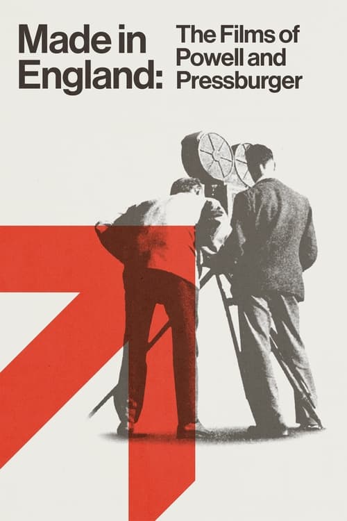The poster features two men in a dramatic scene, one holding a camera while the other stands beside him. The red geometric shapes add a bold, modern touch, contrasting with the muted tones of the figures. The mood is intense and cinematic, capturing the essence of Powell and Pressburger's work.