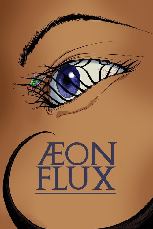 The poster features a striking close-up of an eye with intricate, swirling patterns around the iris, symbolizing transformation and mystery. The warm brown background enhances the dramatic and mysterious mood, while the bold, stylized text "Æon Flux" anchors the composition, hinting at a cosmic o...