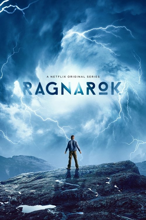 The poster features a lone figure standing on a rocky outcrop under a stormy sky filled with dramatic lightning. The deep blues and dark tones evoke a sense of mystery and danger, while the title "Ragnarok" glows in bright white against the ominous backdrop.