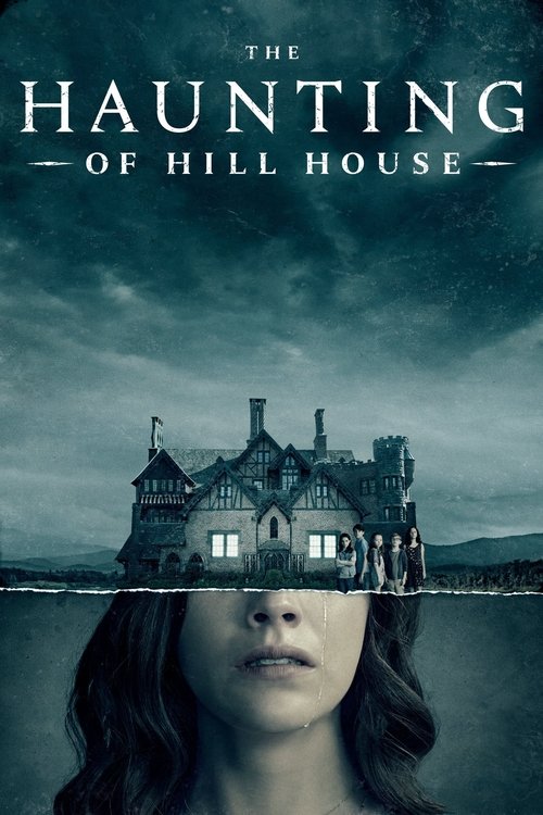 The poster features a hauntingly beautiful image of a woman's face superimposed over the silhouette of Hill House, evoking a sense of mystery and dread. The dark, moody colors and eerie atmosphere create a suspenseful mood, hinting at supernatural horror.
