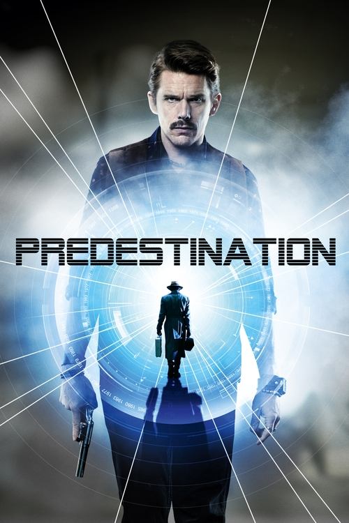 The poster features a man with a serious expression, holding a gun, set against a dramatic backdrop of blue light and white beams. The title "PREDESTINATION" is prominently displayed in bold, metallic letters. The overall mood is intense and mysterious, suggesting themes of fate and control.