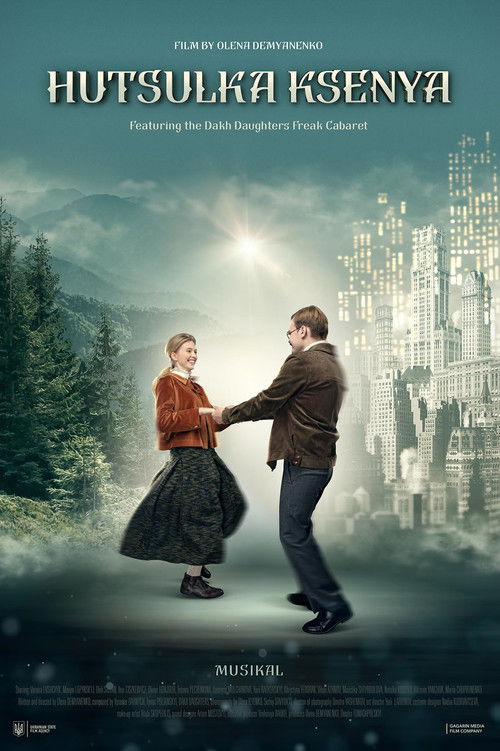 The poster features a romantic scene with a woman in a red sweater and skirt dancing with a man in a brown jacket against a misty, magical forest backdrop. The warm tones of the clothing contrast with the cool, ethereal colors of the background, creating a dreamlike atmosphere.